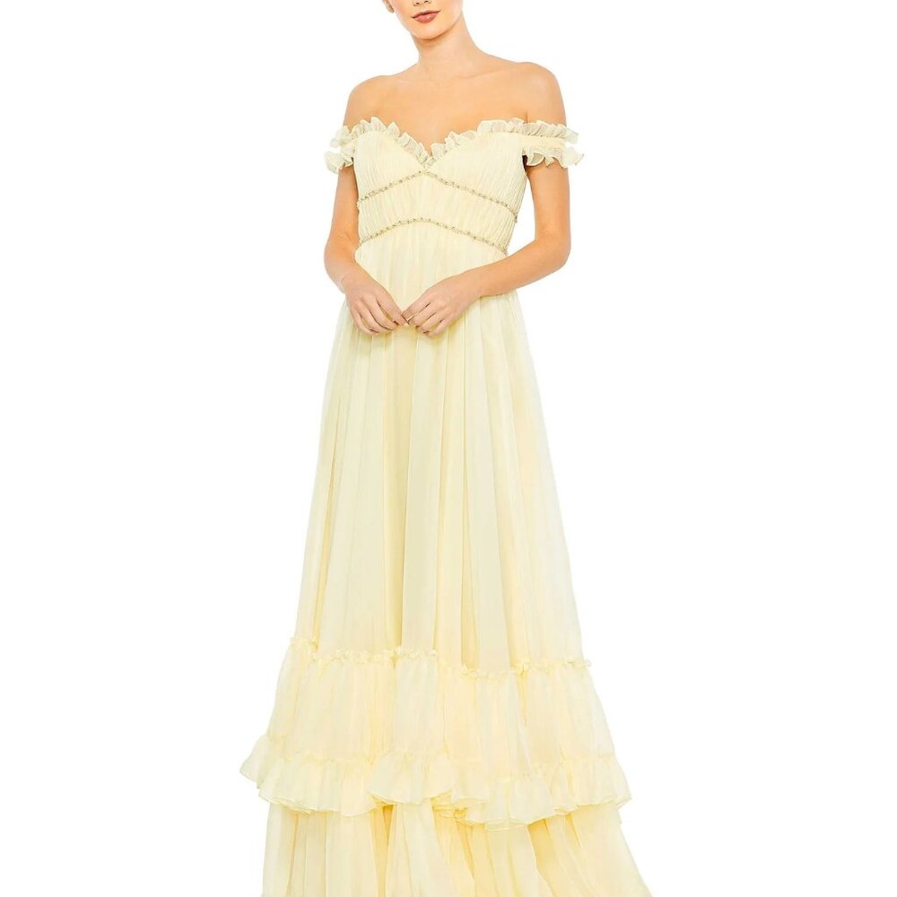 Mac Duggal Ruffle Tiered Babydoll Flowy Gown NWOT Butter (Light Yellow)